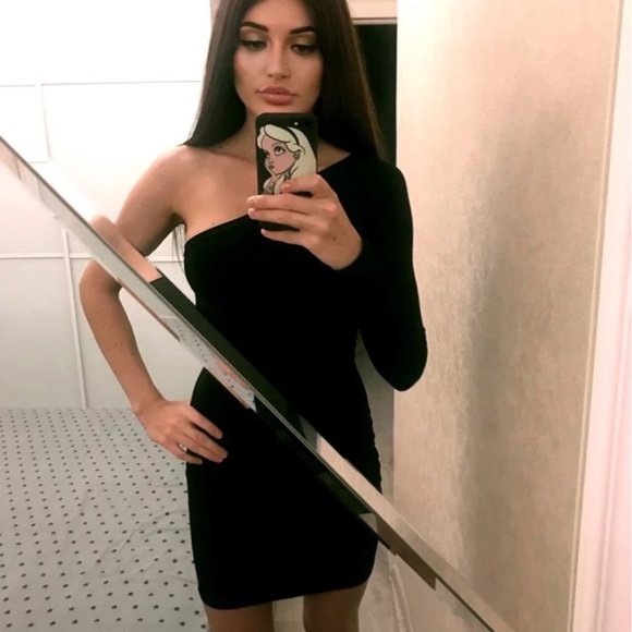 New Black One Shoulder Long Sleeve Bodycon Dress - Picture 2 of 8